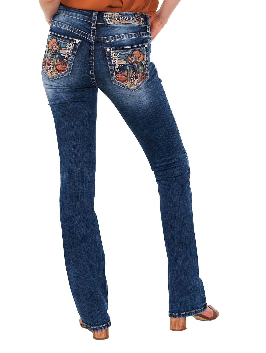 Grace in LA Cactus Scene Embroidered Mid Rise Bootcut Jeans - Healthber