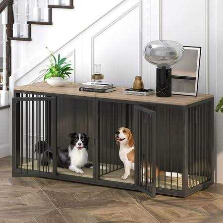 Large Dog Crate Furniture for 2 Dogs Linor Wooden Dog Crate Table with Double Doors - Healthber