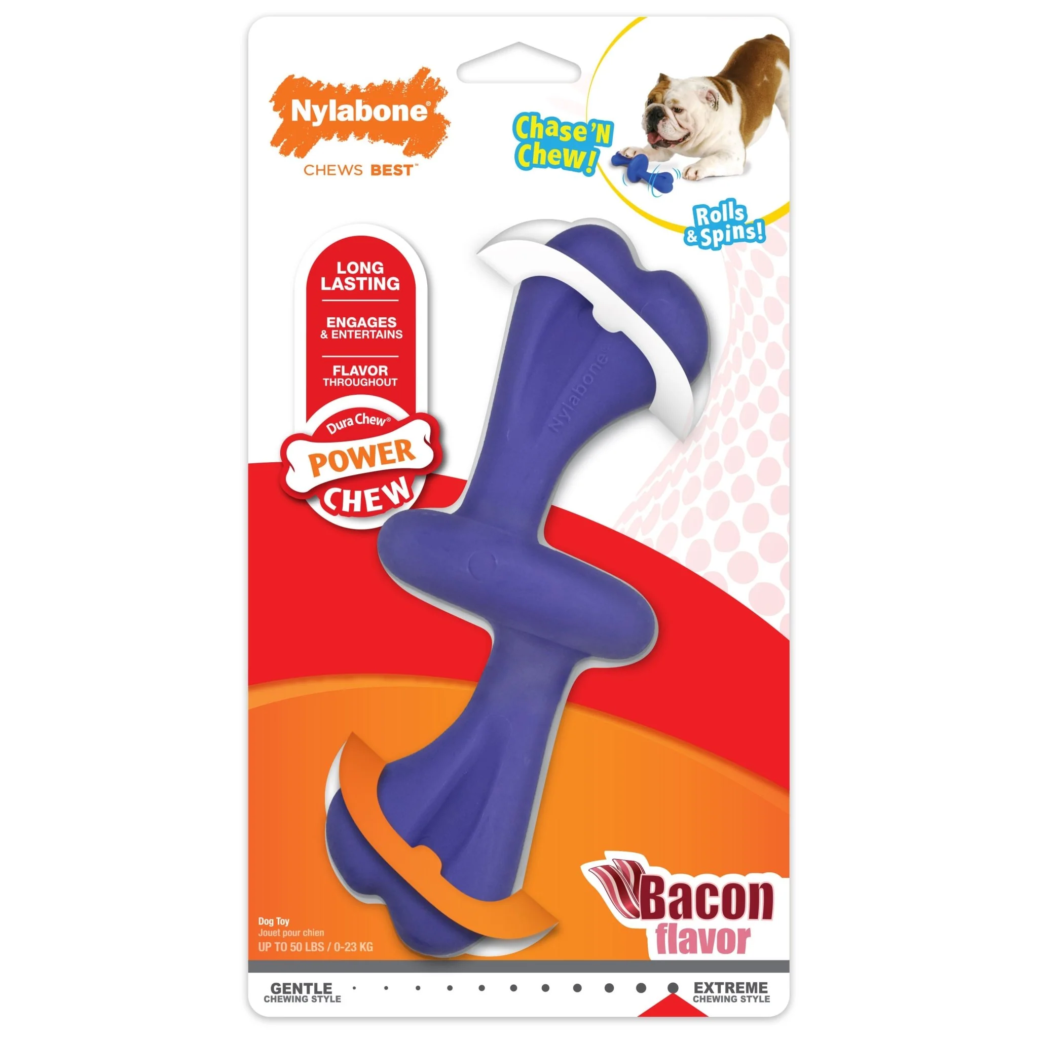Power Chew Rolling Dog Toy, Bacon, Large/Giant, Up to 50 lbs. - Healthber