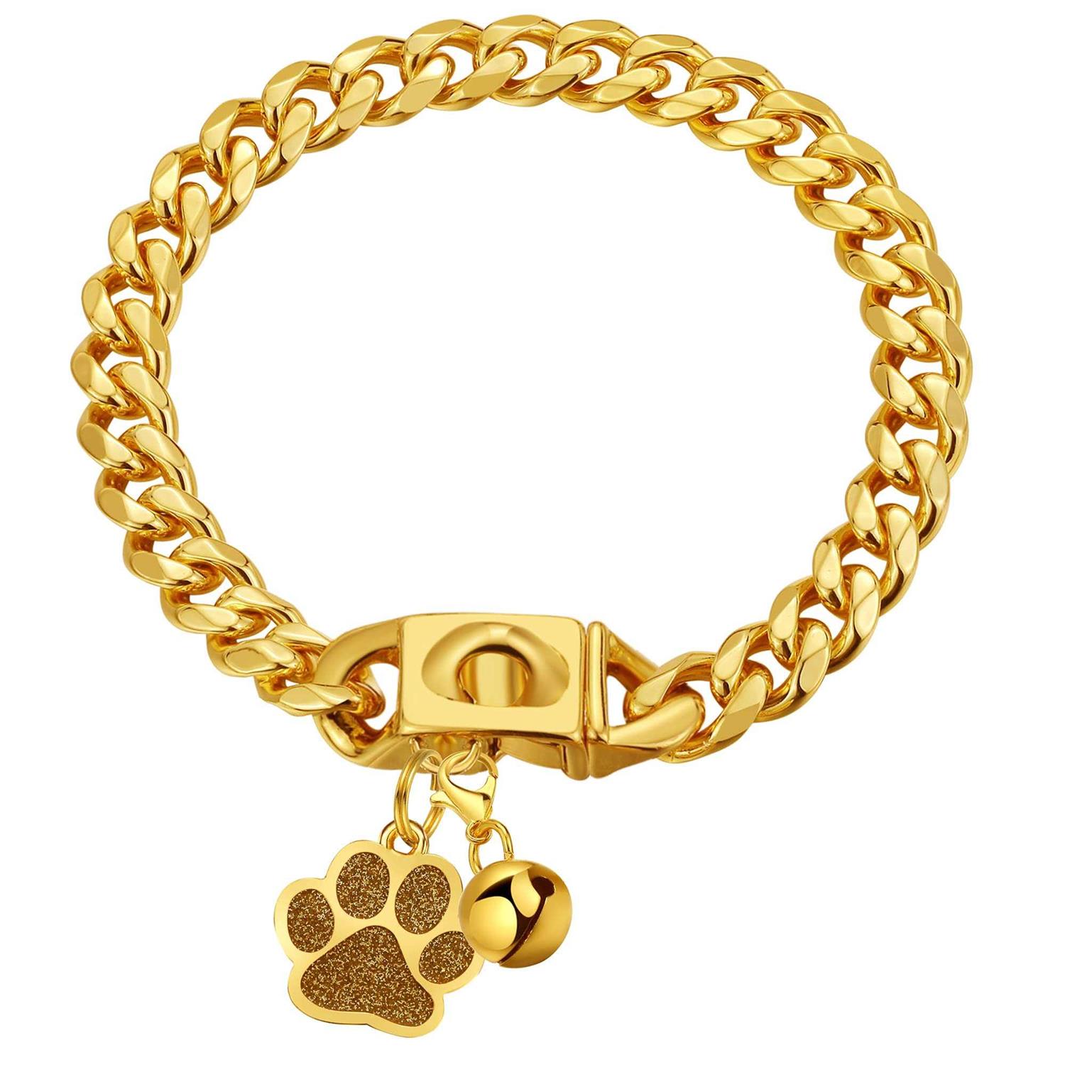 LuxLife Dog Chain Collars Gold Chain Dog Collar Cuban Link Dog Collar Snap Buckle 18K Stainless Steel Metal Dog - Healthber