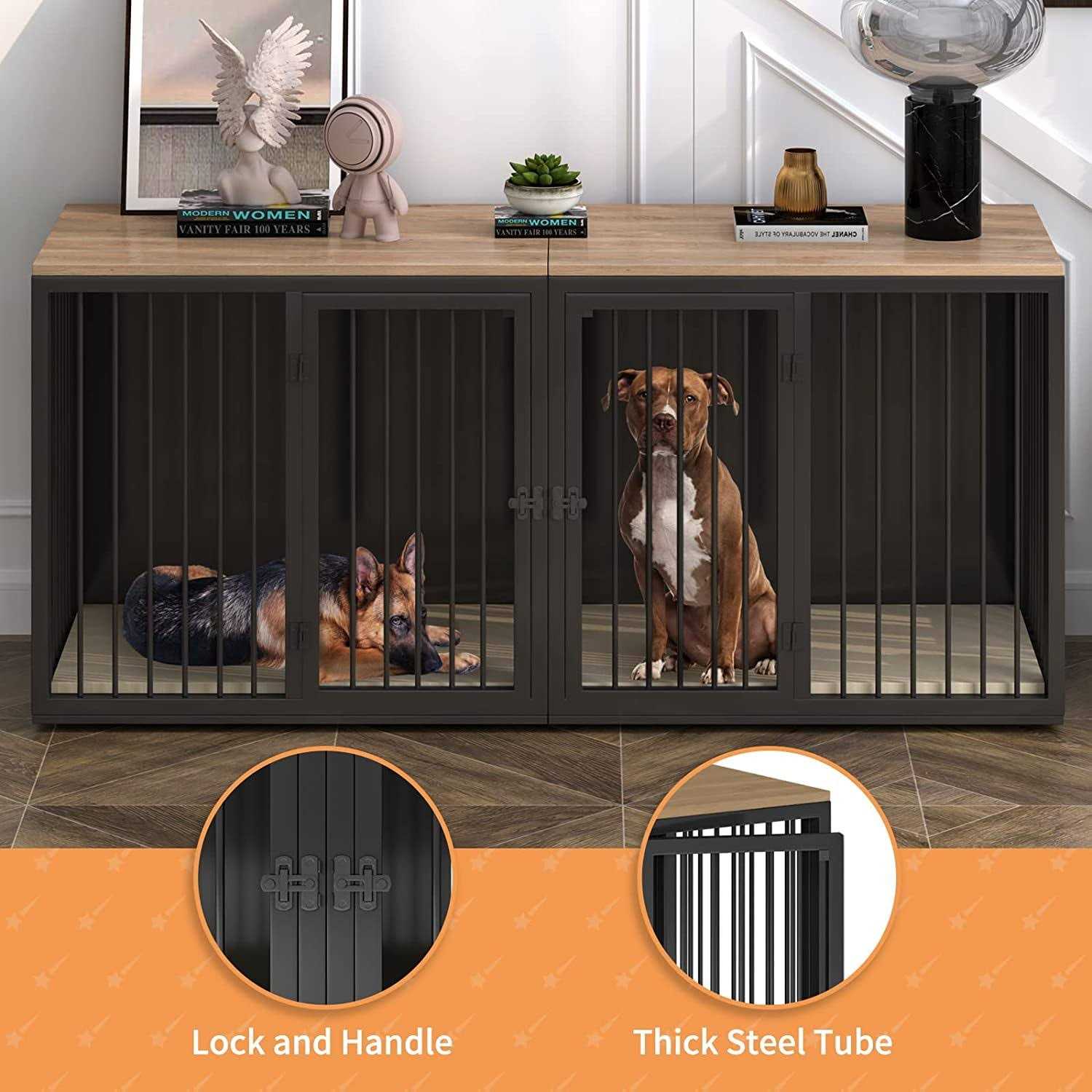 Large Dog Crate Furniture for 2 Dogs Linor Wooden Dog Crate Table with Double Doors - Healthber