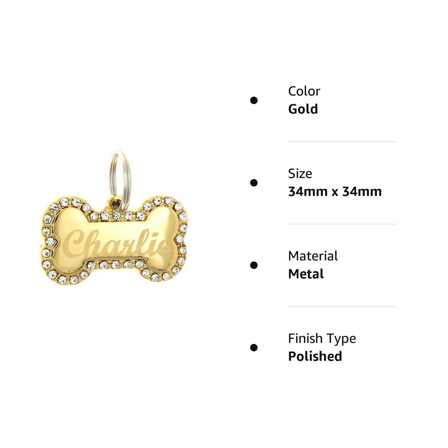 Custom Engraved Personalized Gold-Plated Bone Shape w/ Clear Rhinestones Dog Pet ID Jewelry Bling Tag - Healthber