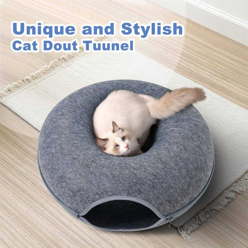 Cat Cave for Indoor Cats Large Cat Donut Cat Tunnel Bed Peekaboo Cat Cave with 3 Toys - Healthber