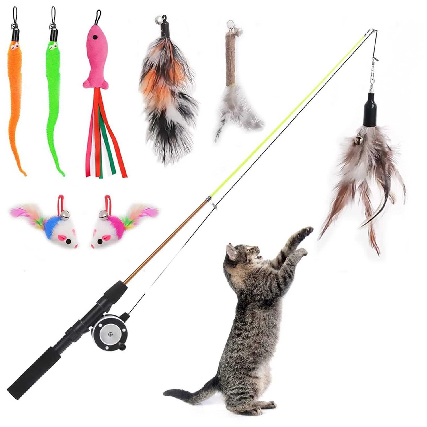 Whefory Retractable Cat Teaser Wand Toy Cat Toys for Indoor Outdoor Cats Interactive Fishing Rod with 8 Pcs Refills Feather Toy - Healthber