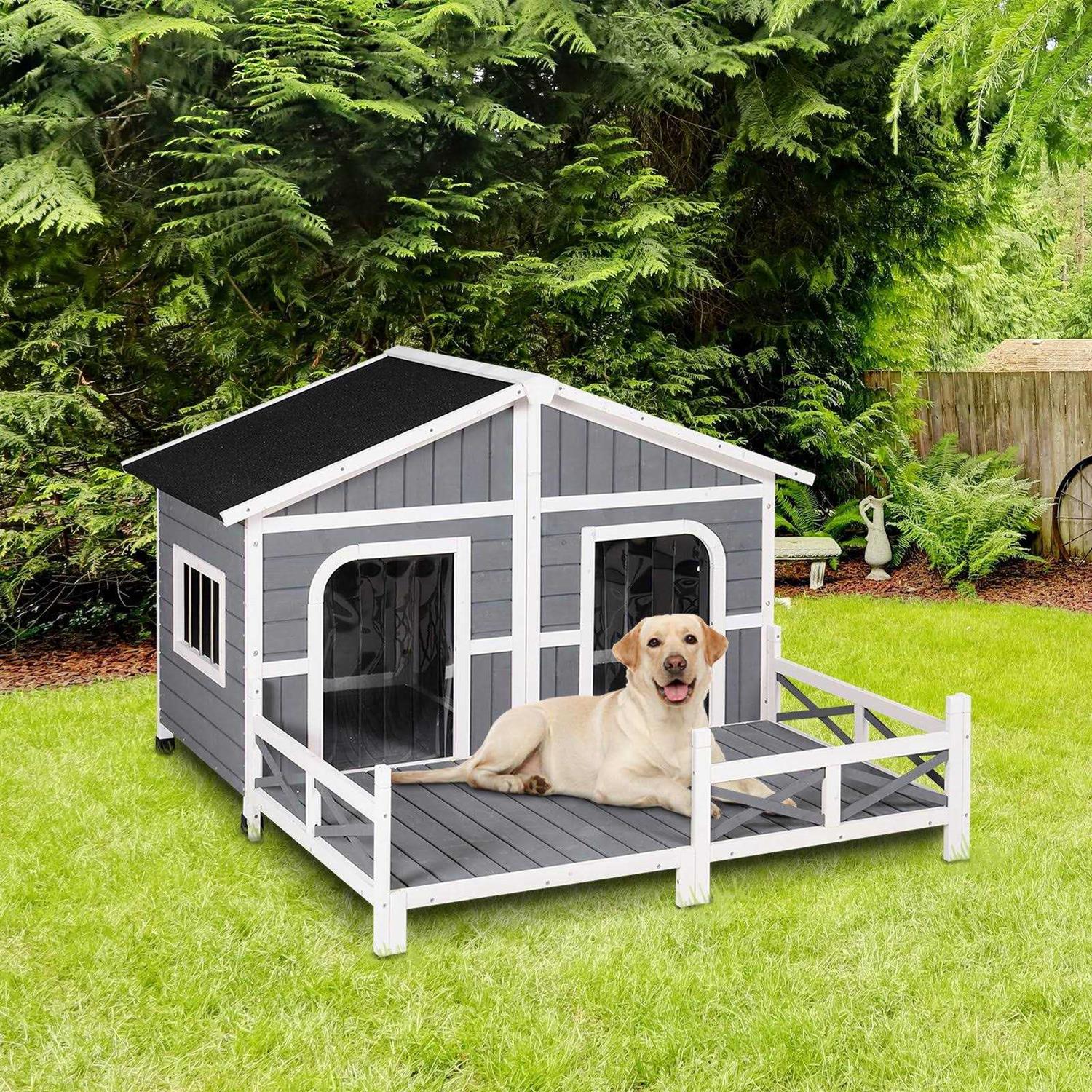PawHut 59x64x39 Wood Large Dog House Cabin Style Elevated Pet Shelter w/Porch Deck - Healthber