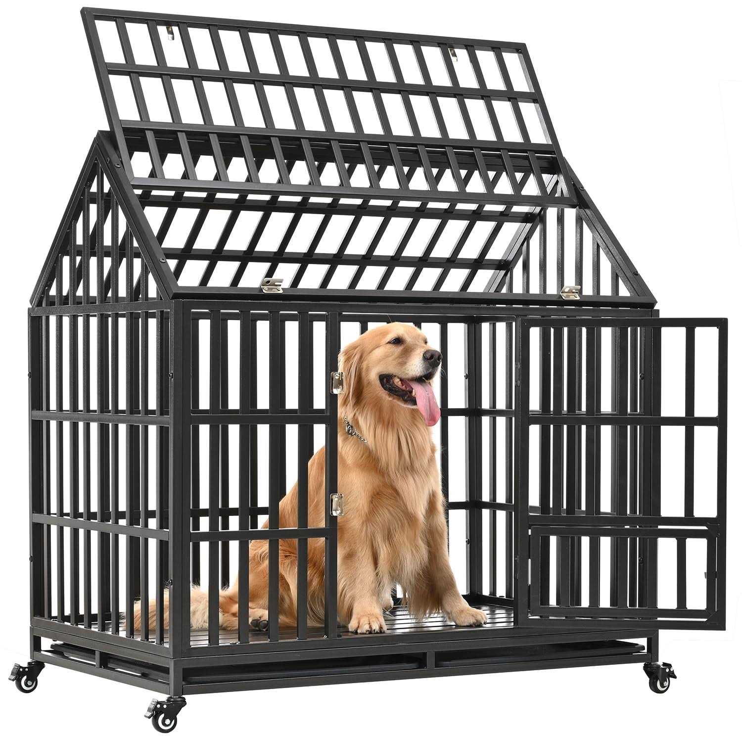 JINTANGLI Pet Heavy Duty Dog Crate for Large Medium Dogs, Metal Pet Cage Kennel Crate Roof Strong Playpen with Sturdy Latches and 4 Lockable Wheels - Healthber