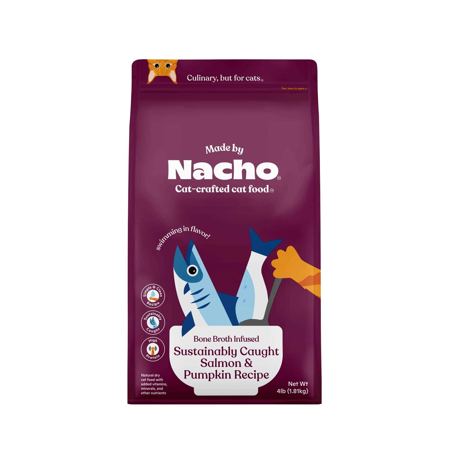 Made by Nacho Bone Broth Infused Sustainably Caught Salmon & Pumpkin Recipe Dry Cat Food - Healthber