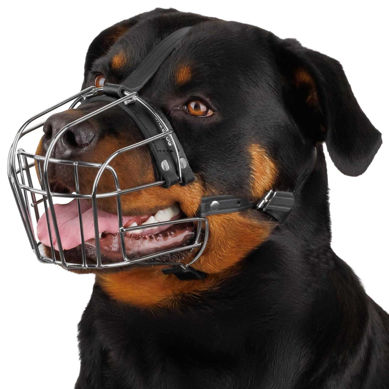 BRONZEDOG Dog Muzzle Wire Basket Rottweiler Adjustable Leather Straps - Healthber