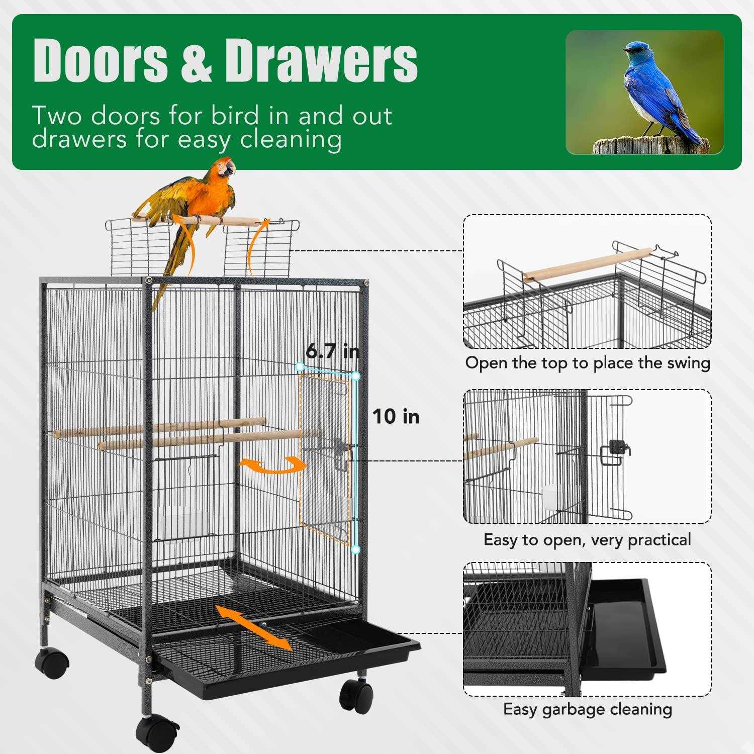 BestPet 35-inch Wrought Iron Bird Cage with Play Open Top and Rolling Stand,Black - Healthber