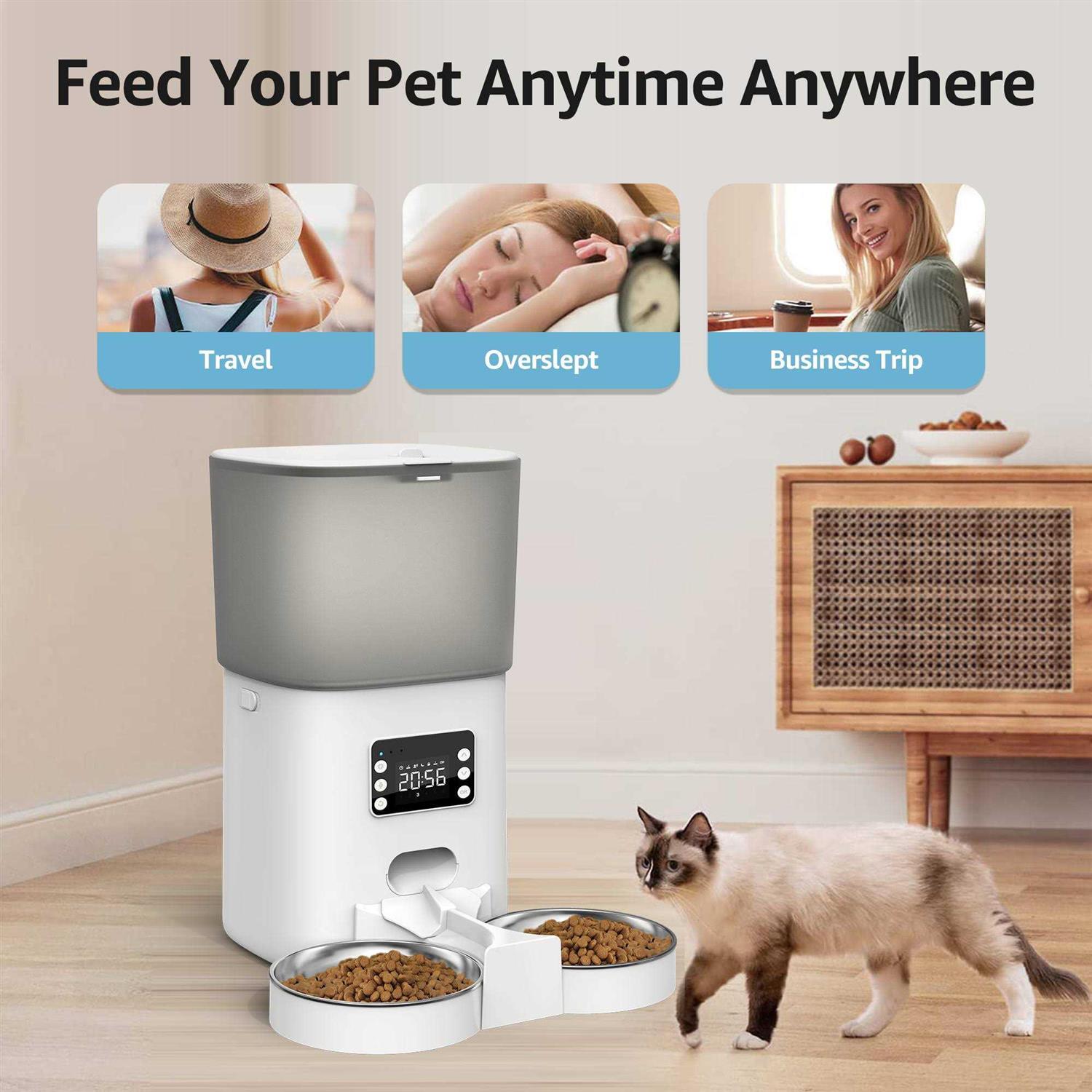 Bueteka Automatic Food Dispenser with Splitter & Stainless Bowls Cat & Dog Feeder - Healthber