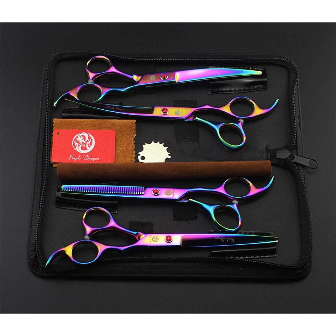 Purple Dragon Professional 7.0 inch 4PCS Pet Grooming Scissors Kit Japan Premium Steel Straight & Curved & Thinning Blade Dog Hair Cutting Shears Set - Healthber