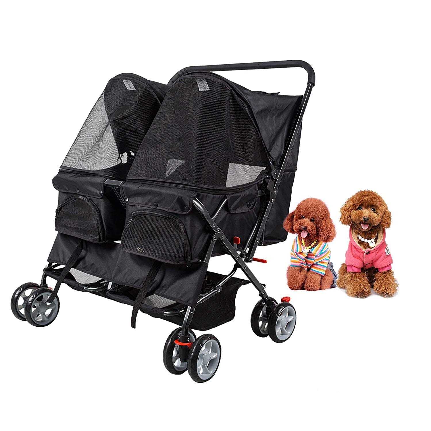 Dporticus Double Pet Stroller Foldable Stroller for 2 Dogs Cats Two-Seater Carrier Strolling Cart for Dog Cat and More Multiple Colors - Healthber