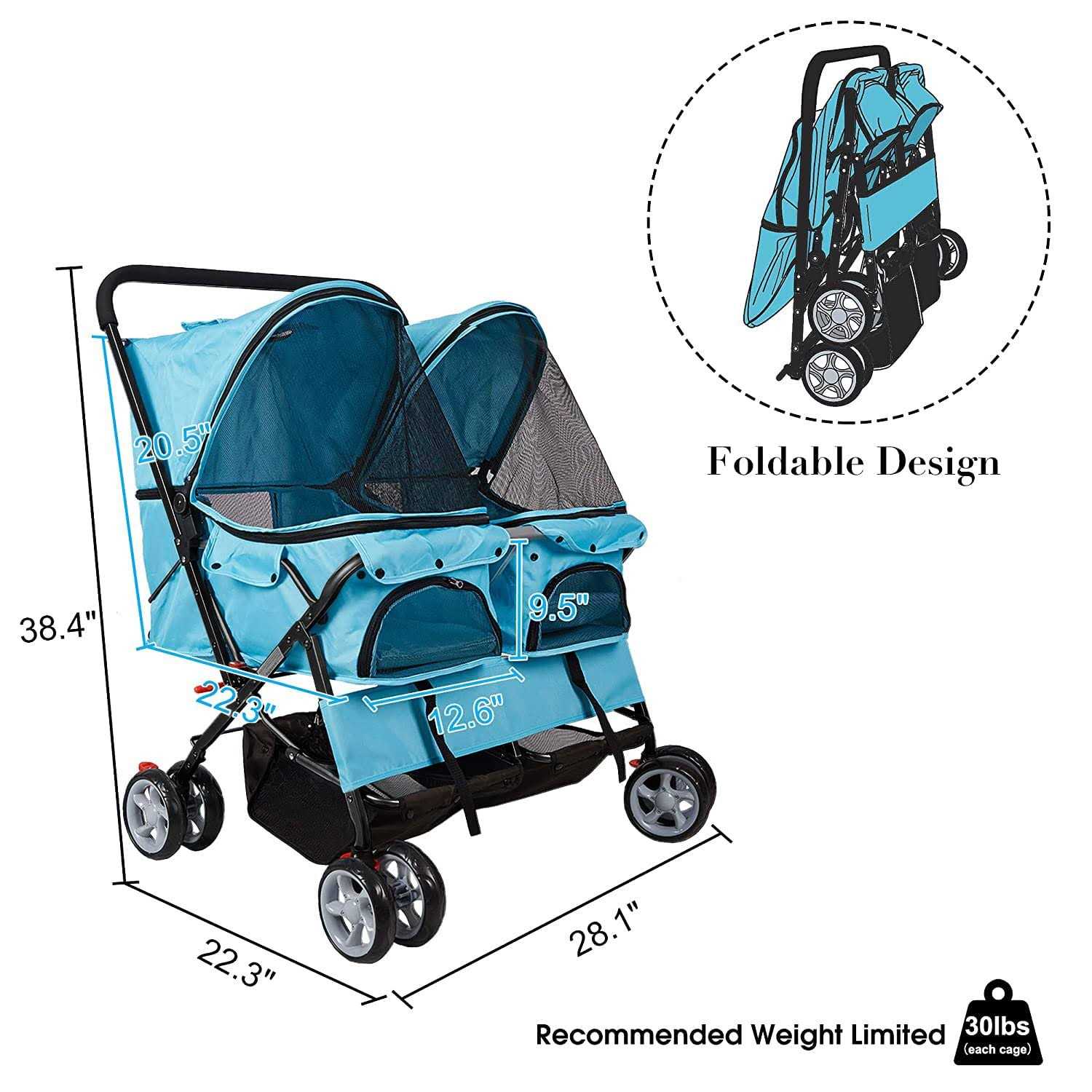 Dporticus Double Pet Stroller Foldable Stroller for 2 Dogs Cats Two-Seater Carrier Strolling Cart for Dog Cat and More Multiple Colors - Healthber