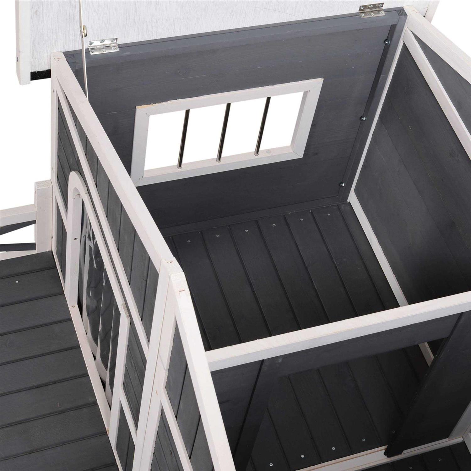 PawHut 59x64x39 Wood Large Dog House Cabin Style Elevated Pet Shelter w/Porch Deck - Healthber