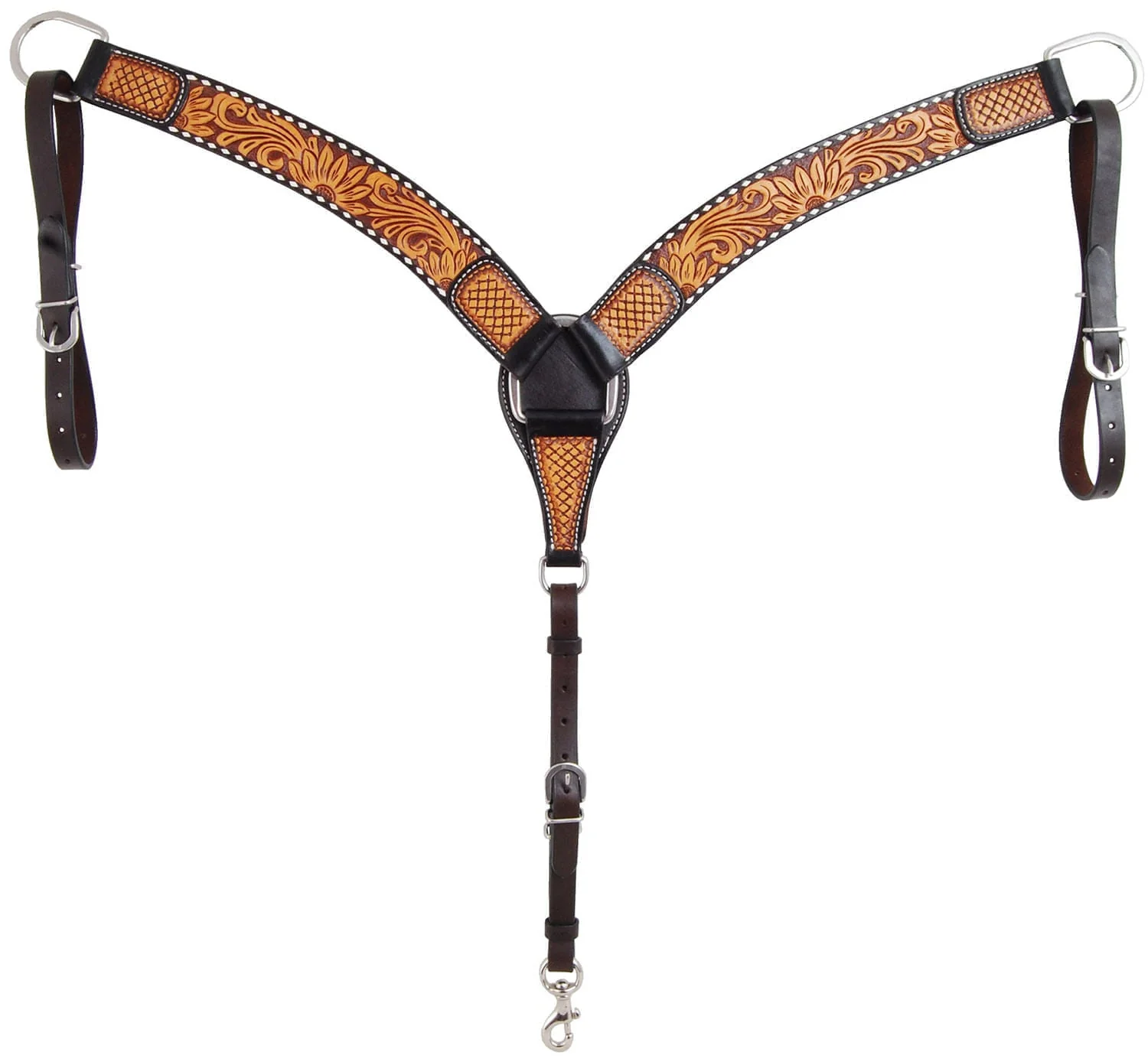 Rafter T Tooled Sunflower w/ Buckstitch Contoured Breast Collar - Healthber