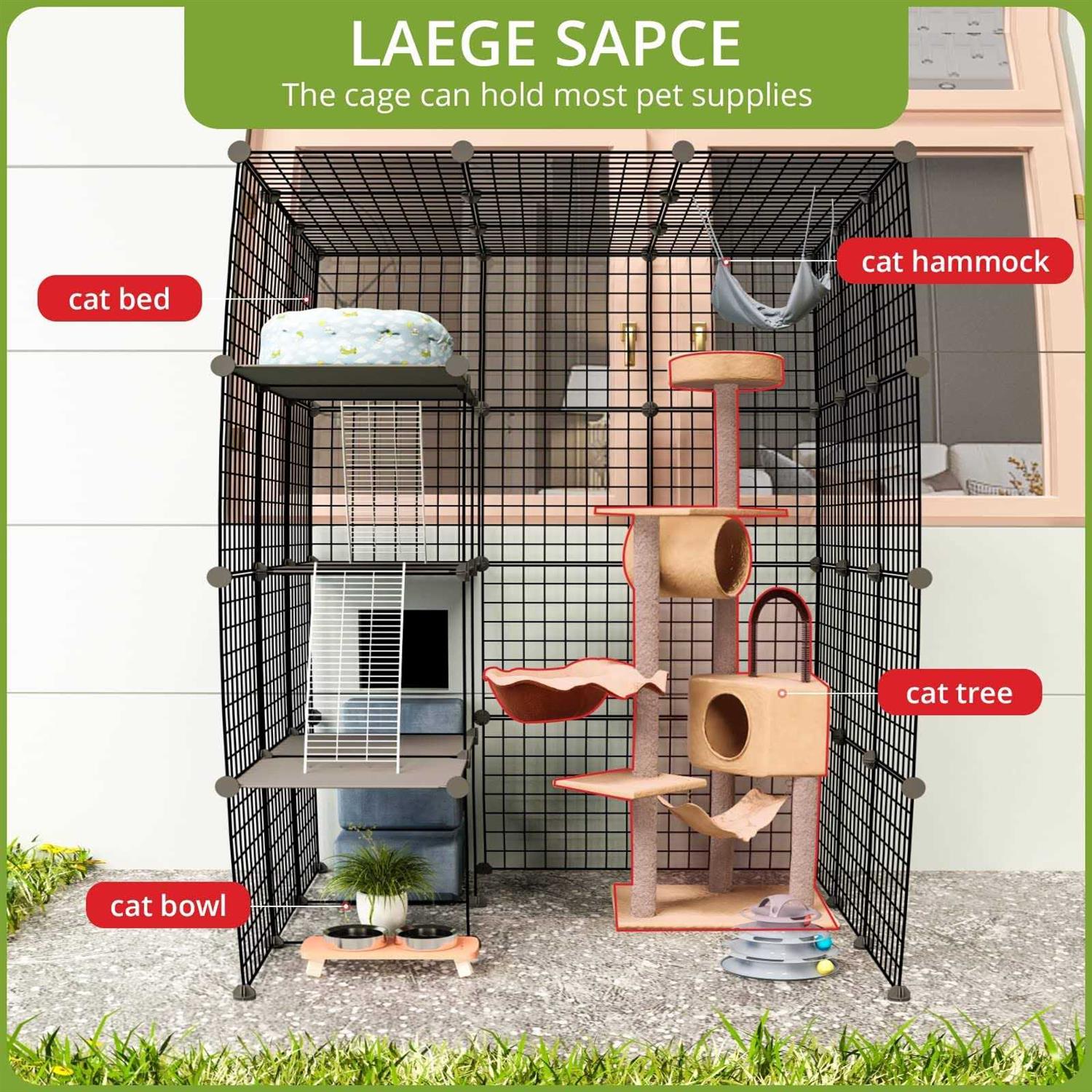 Eiiel Outdoor Cat House Cat Cages Enclosure with Super Large Enter Door - Healthber