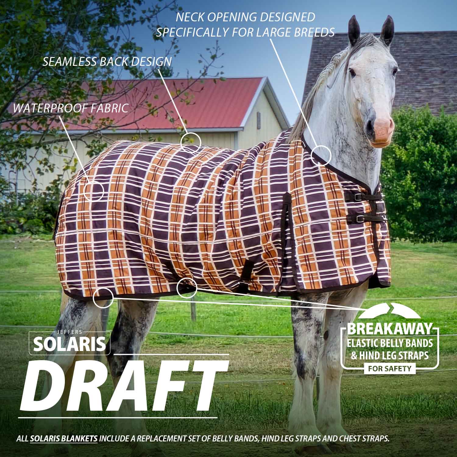 Solaris 1200D Draft Horse Turnout Blanket, 240g, Brown & Cream Plaid - Healthber