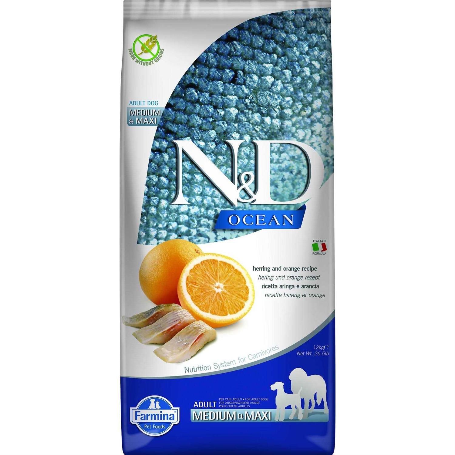 Farmina N&D Ocean Adult Medium Maxi Herring & Orange Grain Free Dry Dog Food - Healthber