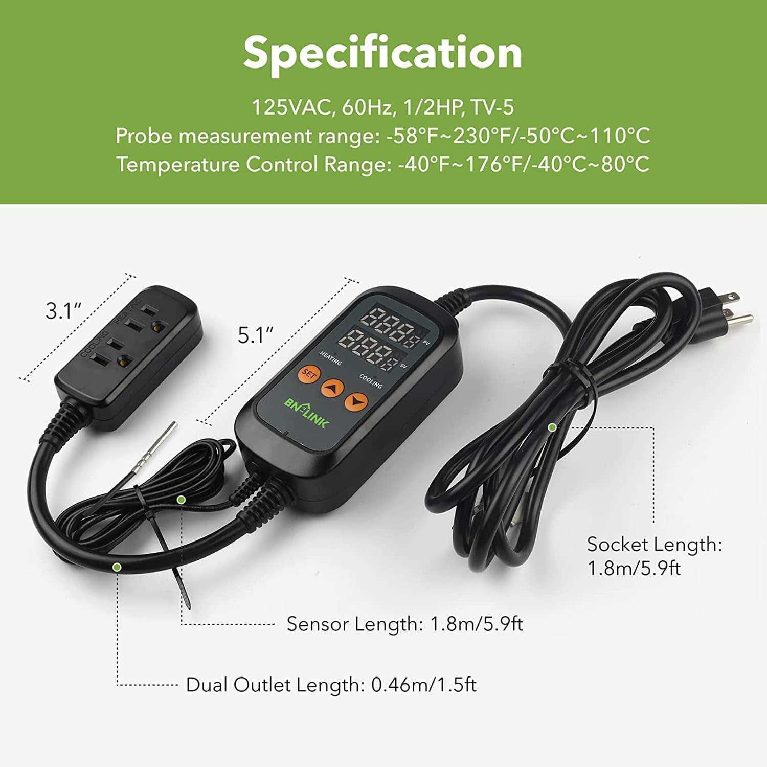 BN-LINK Digital Temperature Controller Heating Cooling 2-Stage Outlet Thermostat Controller Plug for Reptiles Aquarium Carboy Homebrew Breeding - Healthber