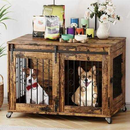 Cuoote Dog Crate Furniture, 39” Movable Dog Crate with Wheels, Sliding Door, Indoor Dog Cage with Side Door and Detachable Partition - Healthber