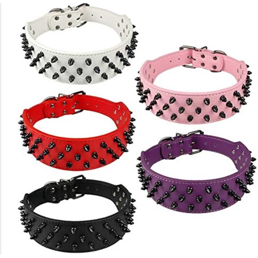 Dogs Kingdom Leather Black Spiked Studded Dog Collar 2 Wide - Healthber