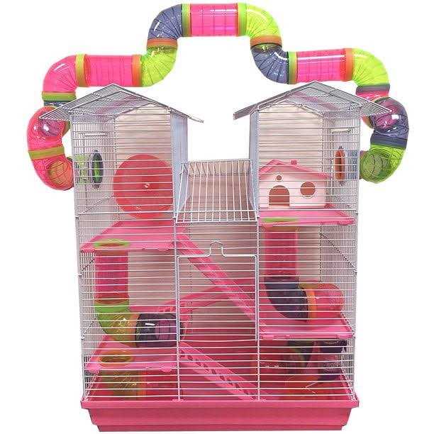 Mcage Pink Large 5-Levels Twin Tower Hamster Mouse Habitat Home House Critter Cage For Rodent Gerbil Mice Rat Wire Animal Cage With Long Crossover Tube - Healthber
