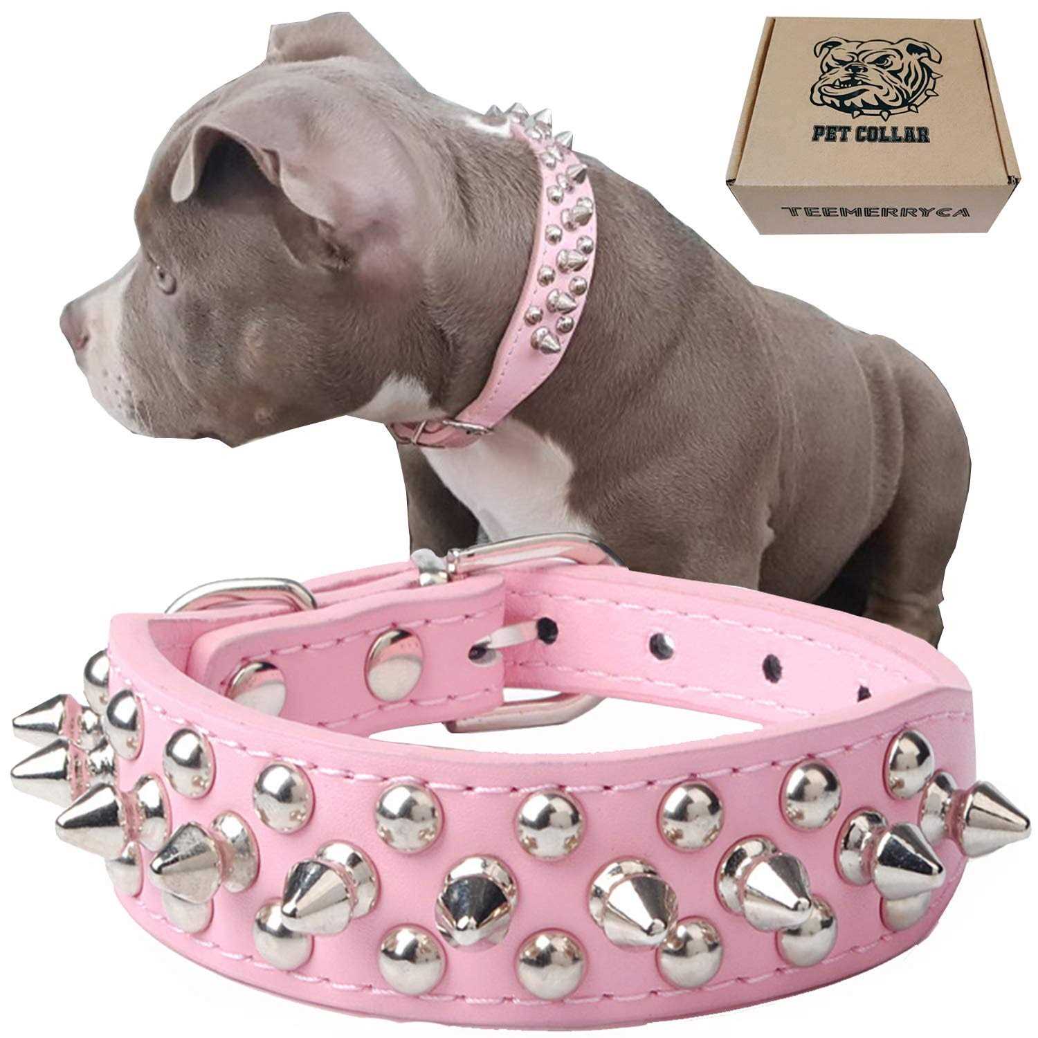 Teemerryca Adjustable Leather Spiked Studded Dog Collars with a Squeak Ball Gift for Small Medium Large Pets Like Cats/Pit Bull/Bulldog - Healthber