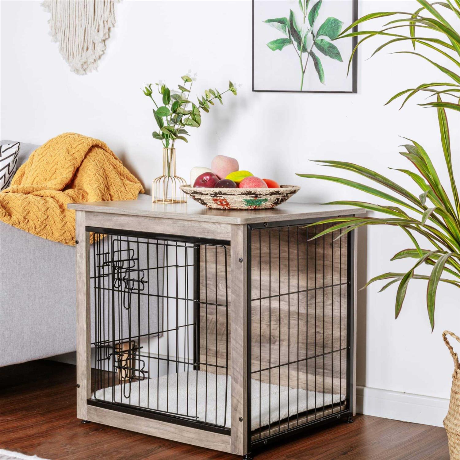 DWANTON Dog Crate Furniture with Cushion Wooden Dog Crate with Double Doors - Healthber
