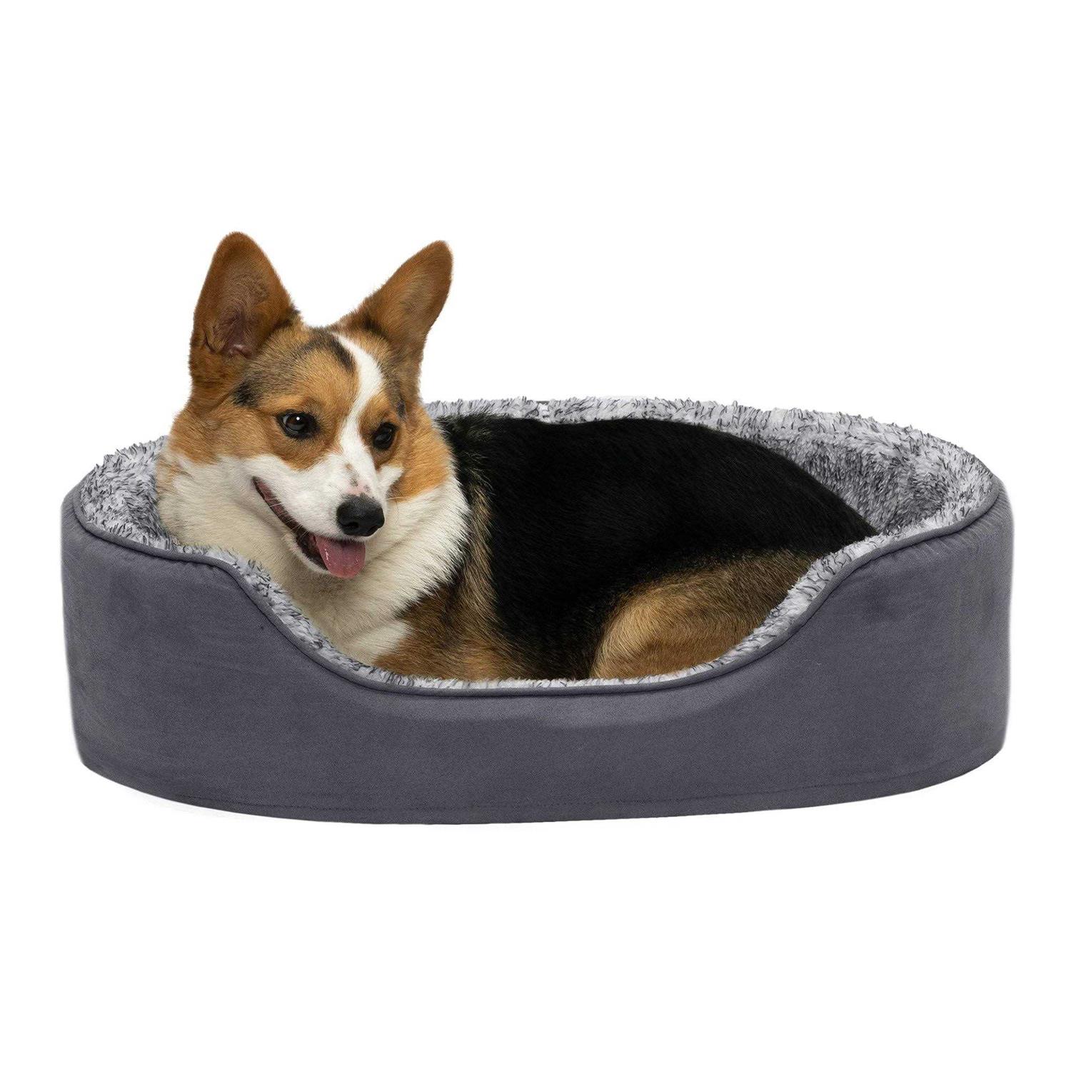 FurHaven Two-Tone Fur & Suede Oval Dog Bed - Healthber