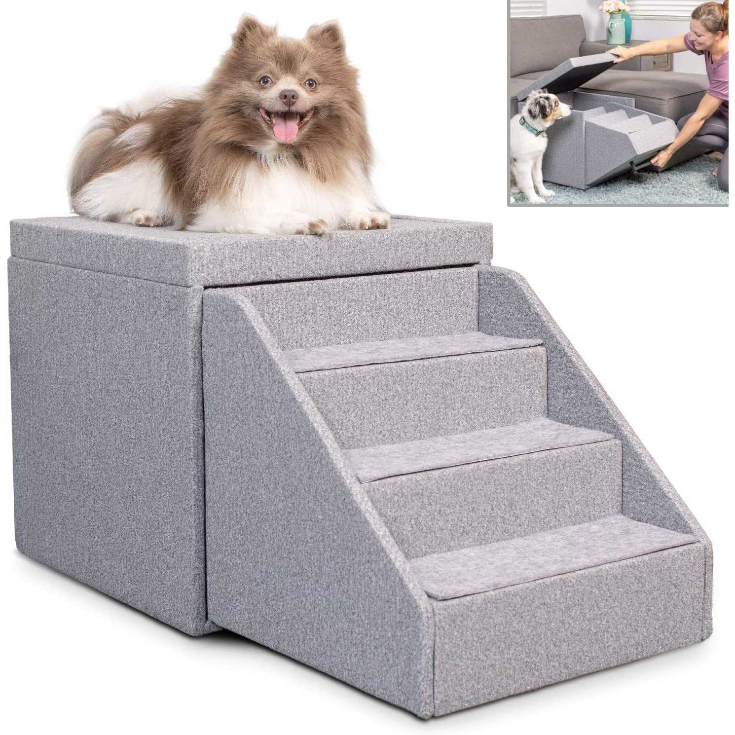 PetFusion Multi-Purpose Pet Stairs Foldaway Cat & Dog Steps. Ottoman & Dog Toy Basket & Storage - Healthber