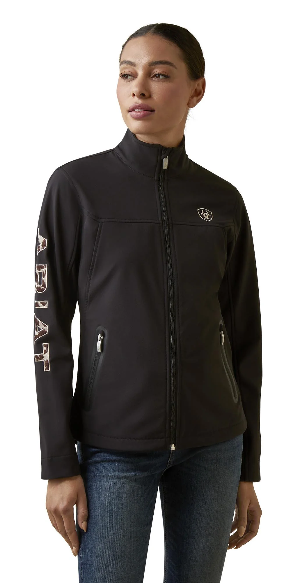 Ariat Women's Cow Print Embroidered Team Softshell Jacket, Black - Healthber