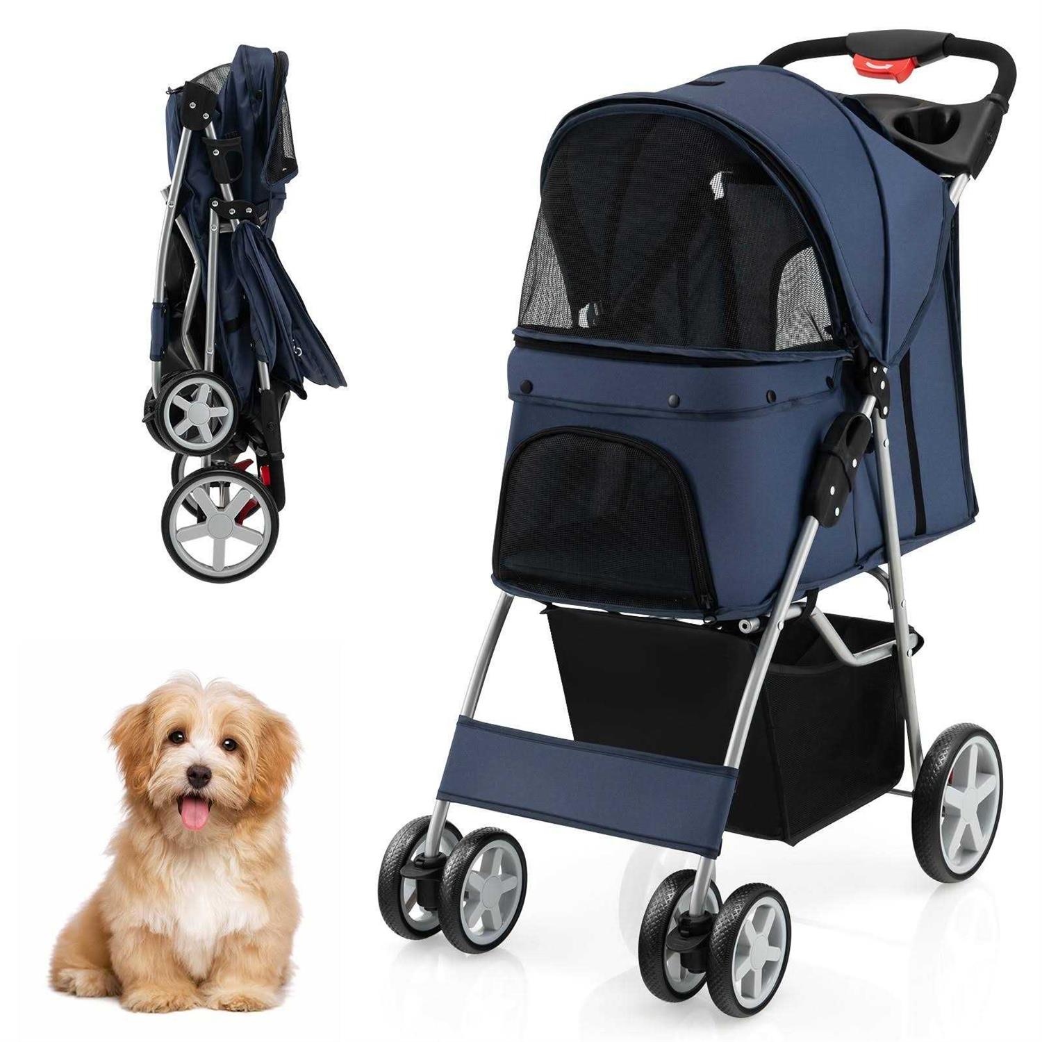 Costway Foldable 4-Wheel Pet Stroller with Storage Basket - Healthber