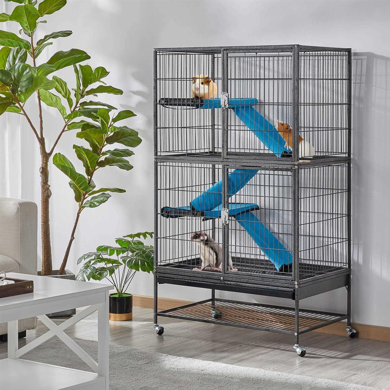 Topeakmart Hammered Black Rolling Metal Small Animal Cage with Removable Ramp - Healthber