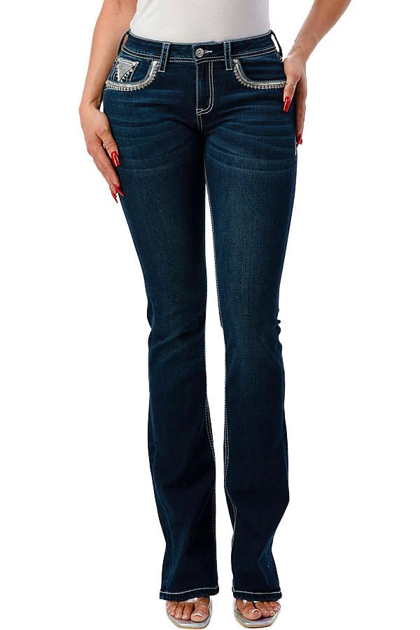 Grace in LA Aztec Embellished Mid Rise Bootcut Jeans - Healthber
