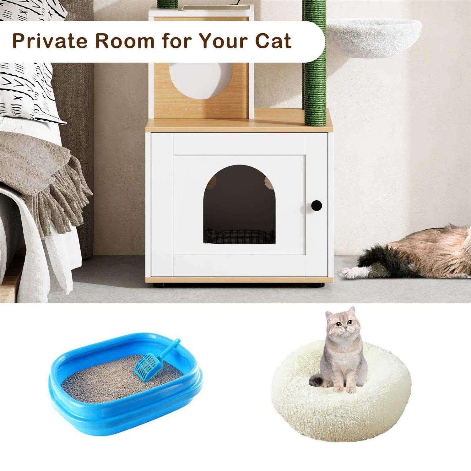 soges Cat Tree with Litter Box Enclosure, Hidden Cat Washroom with Scratching Posts, Cat Tree Tower with Cat Condo and Hammock - Healthber