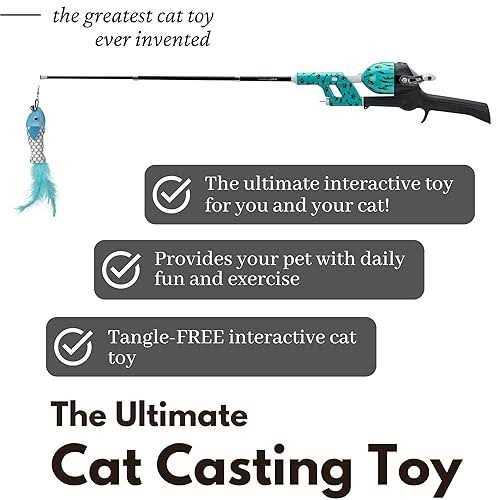 Kid Casters Cat Caster Fishing Pole Toy Tangle Free Retractable & Easy to Store. Includes Two Interchangeable Teaser Toys - Healthber