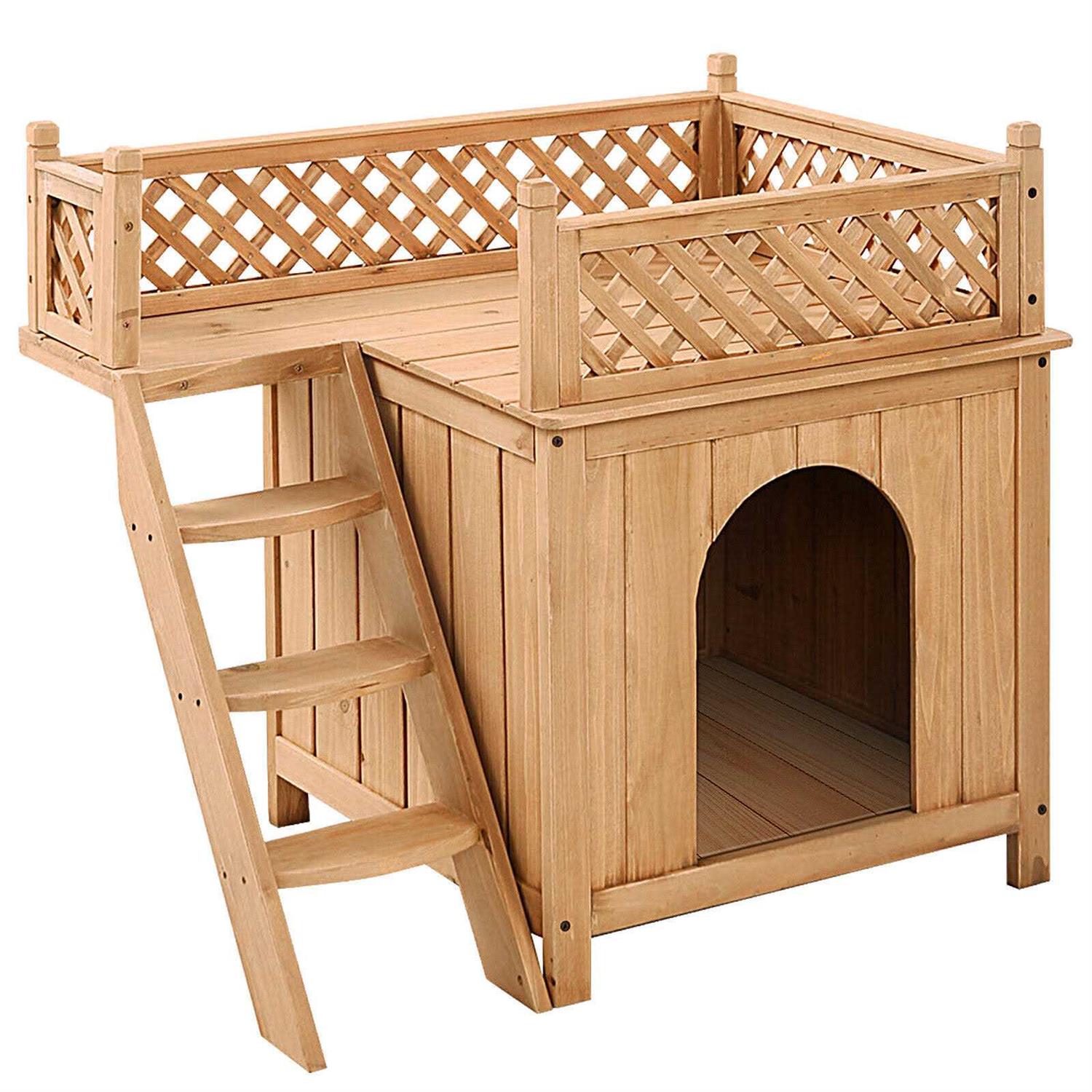Giantex Pet Dog House, Wooden Dog Room Shelter with Stairs, Raised Roof and Balcony Bed for Indoor and Outdoor Use - Healthber