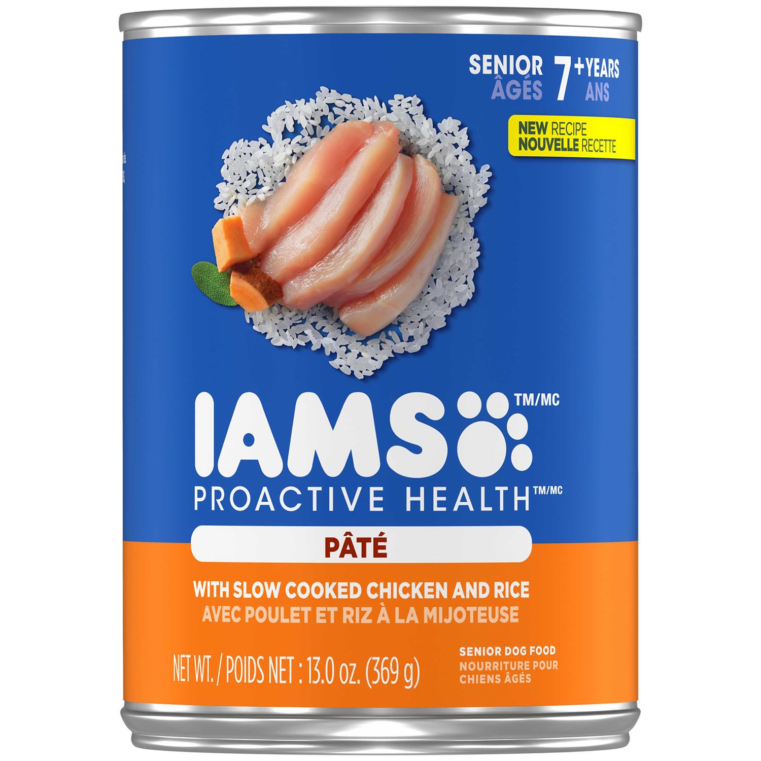 Iams ProActive Health Classic Ground with Slow Cooked Chicken & Rice Healthy Aging Senior Wet Dog Food, 13-oz can, case of 12 - Healthber