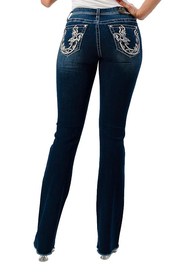 Grace in LA Women's Western Horseshoe Embellished Mid Rise Stretch Bootcut Jeans - Healthber