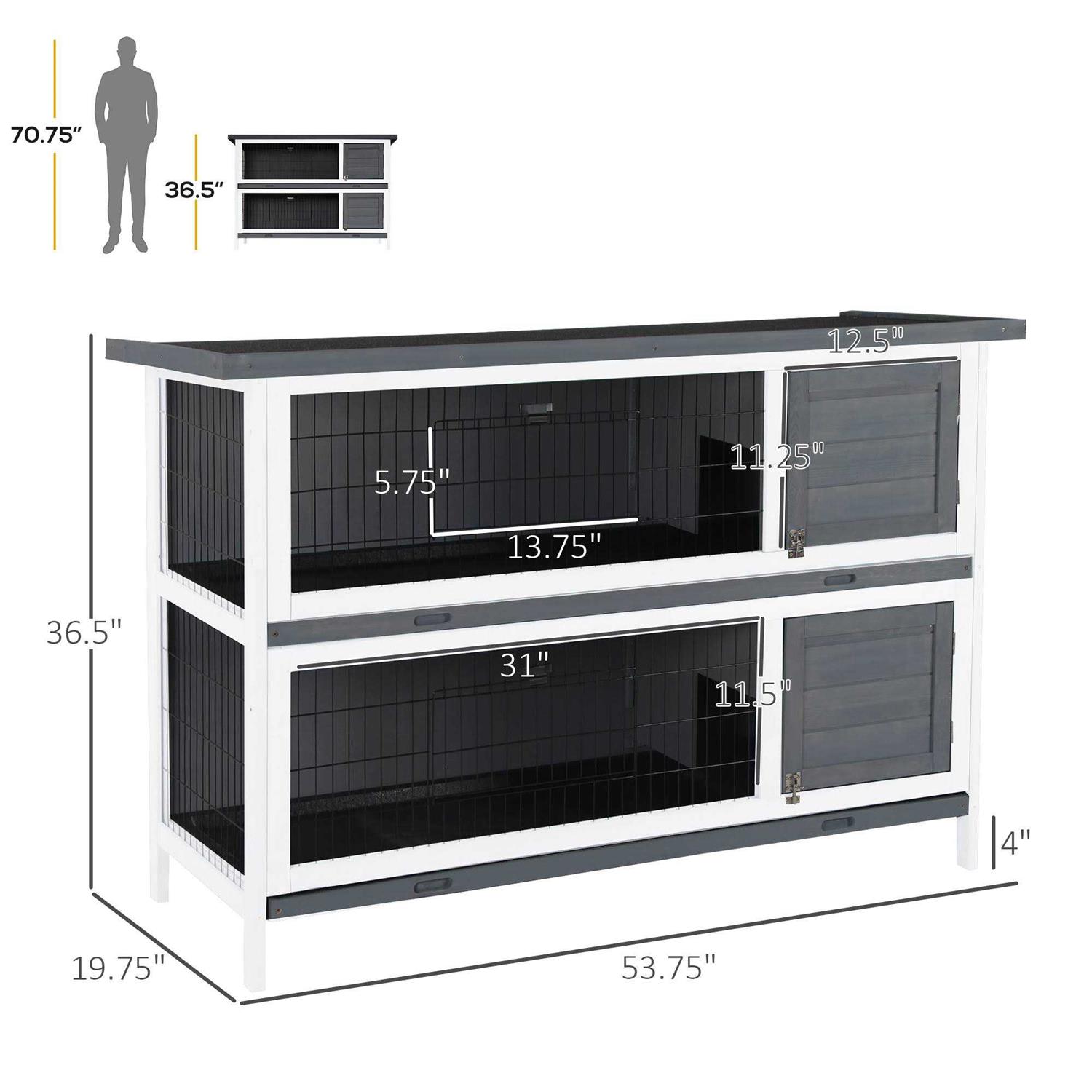 PawHut 54 2-Story Large Rabbit Hutch Bunny Cage Wooden Pet House Small Animal Habitat with Lockable Doors, No Leak Tray and Waterproof Roof - Healthber