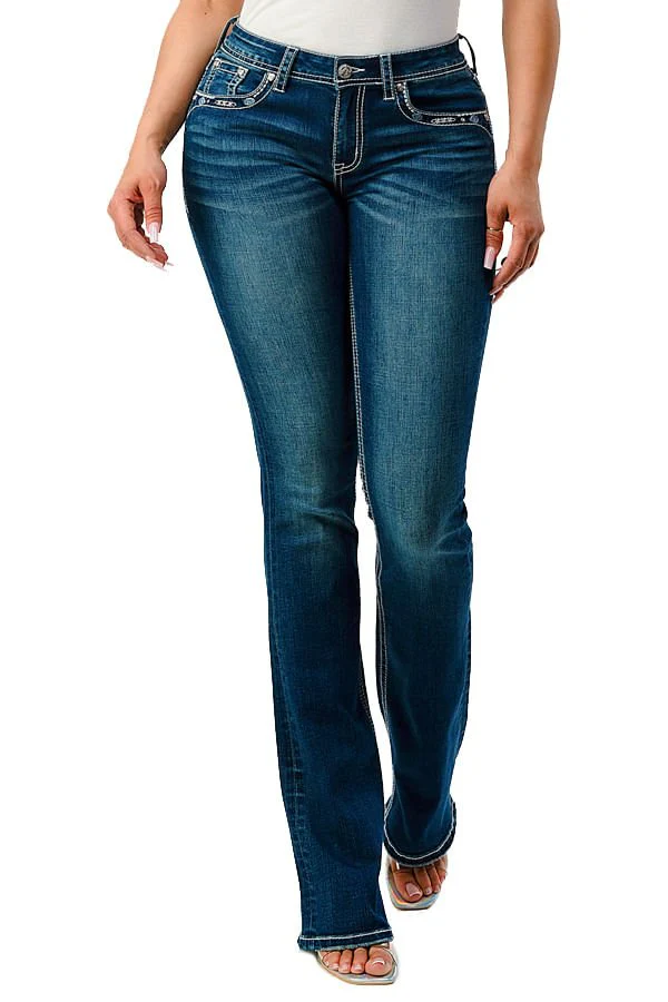 Grace in LA Aztec Embroidered Mid Rise Bootcut Jeans - Healthber