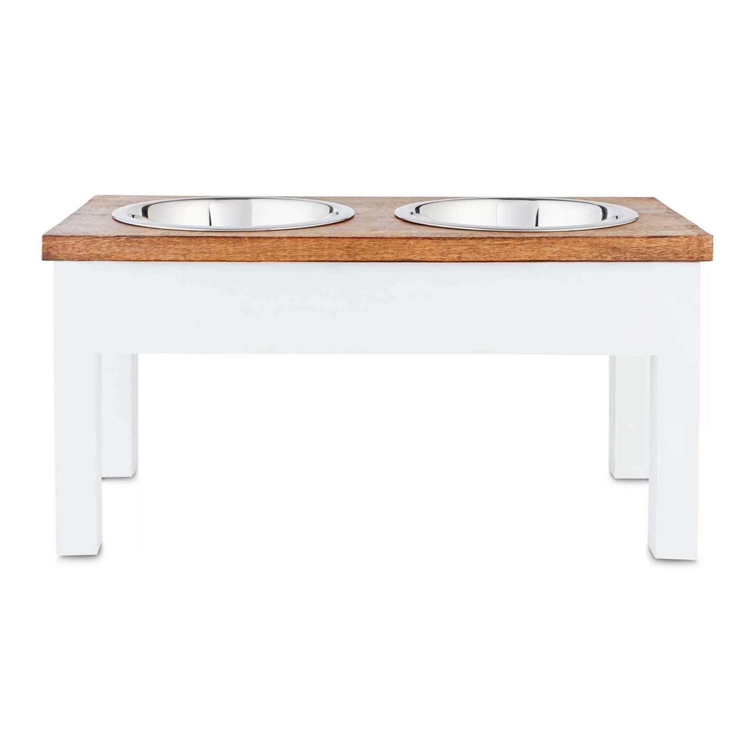 EveryYay Dining In White Wood Elevated Double Diner Dog Feeder - Healthber