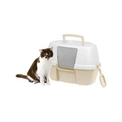 IRIS USA Hooded Corner Cat Litter Box with Front Door Flap & Scoop, Large, Almond - Healthber
