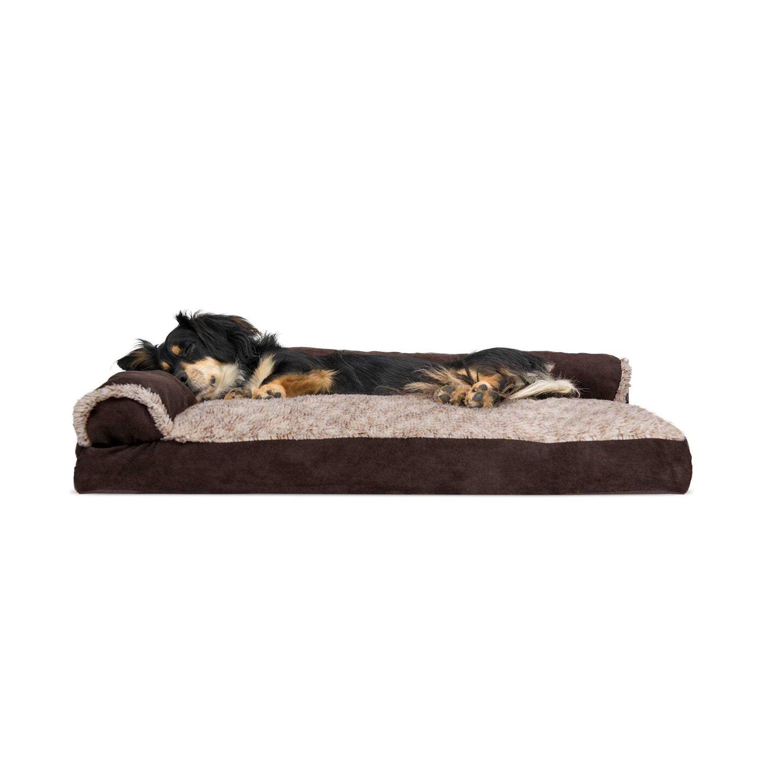 FurHaven Pet Bed Two-Tone Faux Fur Suede Deluxe Chaise Lounge Dog Bed - Healthber