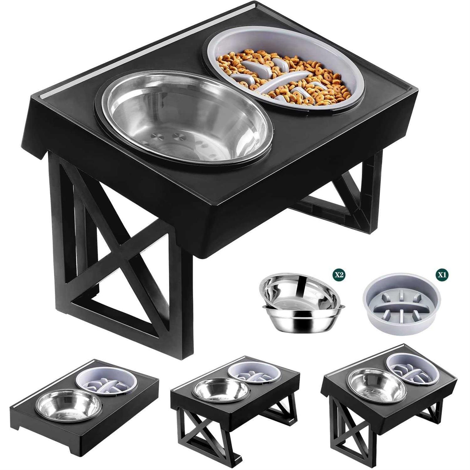 MDEHOPET Dog Bowl Stand for Small Medium Large Dogs 3 Adjustable Heights Elevated Dog Bowls Feeder with Slow Feeder Bowl 2 Stainless Steel Food - Healthber