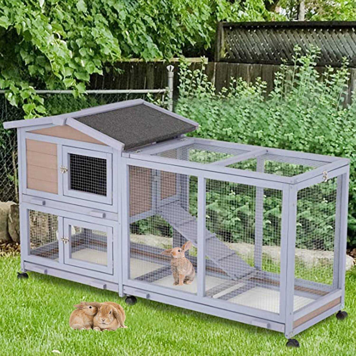 Niamvelo Wood Rabbit Hutch Indoor&Outdoor Bunny Cage with Wheels &Waterproof Roof for Small Animals - Healthber