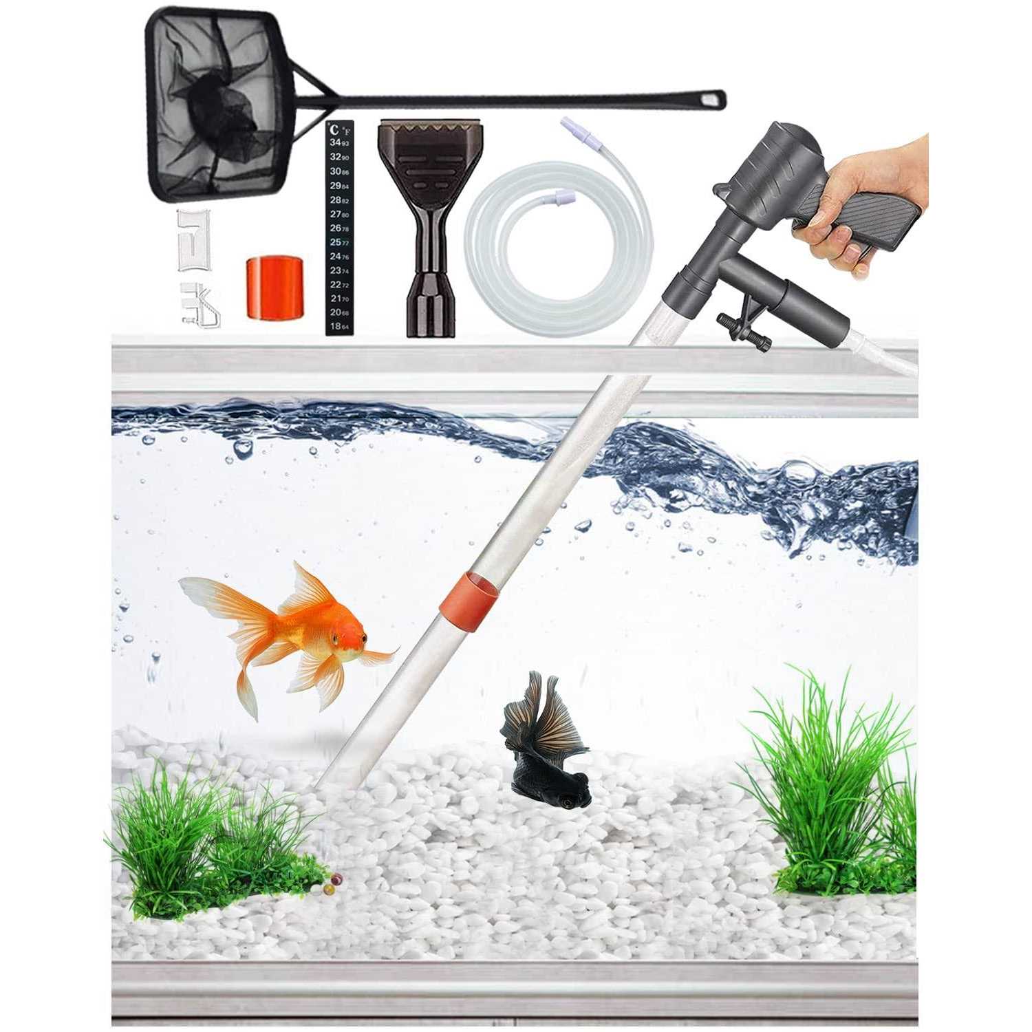 QZQ Aquarium Gravel Cleaner Vacuum Fish Tank Vacuum Cleaner Tools for Aquarium Water Changer with Aquarium Thermometers Fish Net kit - Healthber