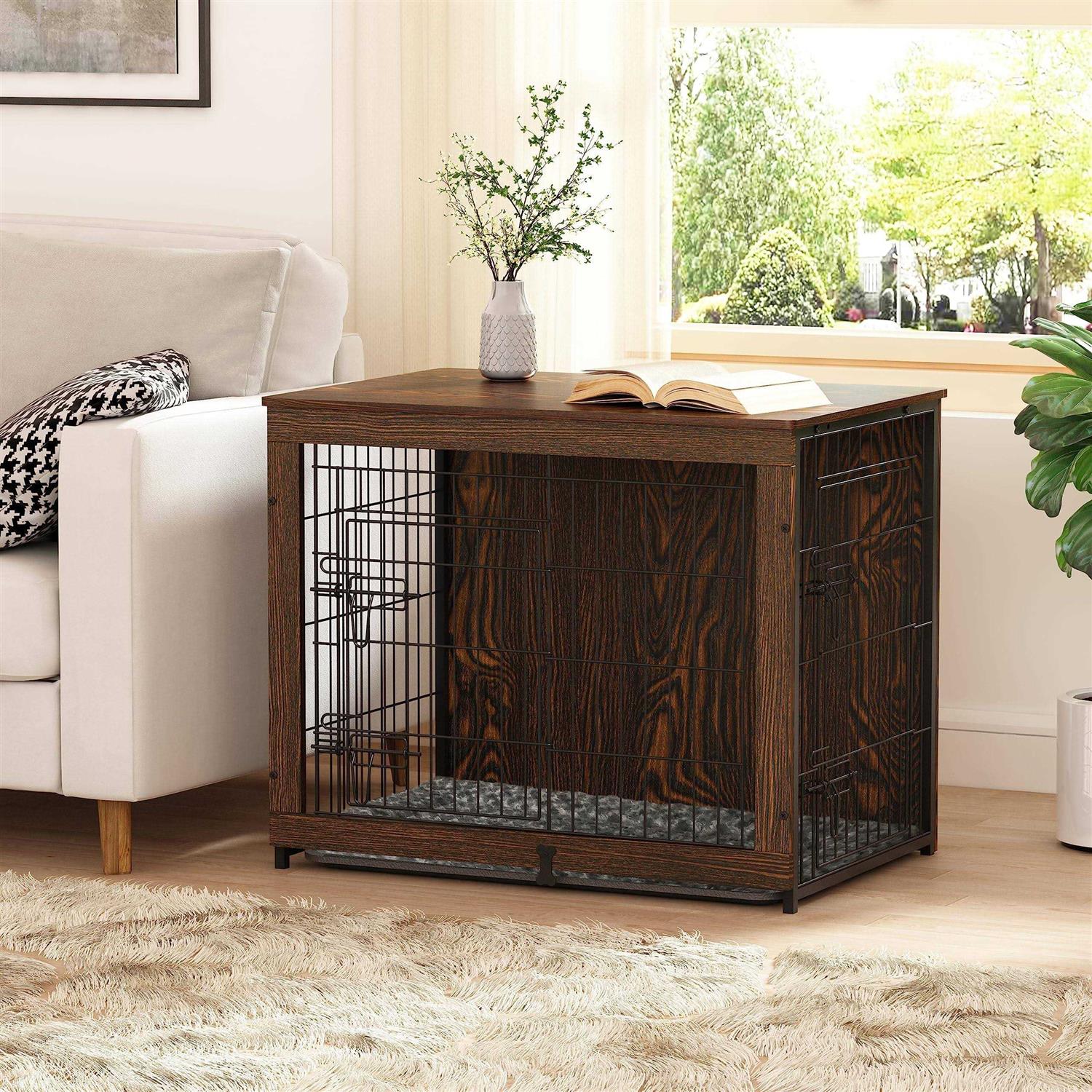 Megidok Wooden Dog Crate Furniture with Cushion Dog Crate End Table with Tray - Healthber