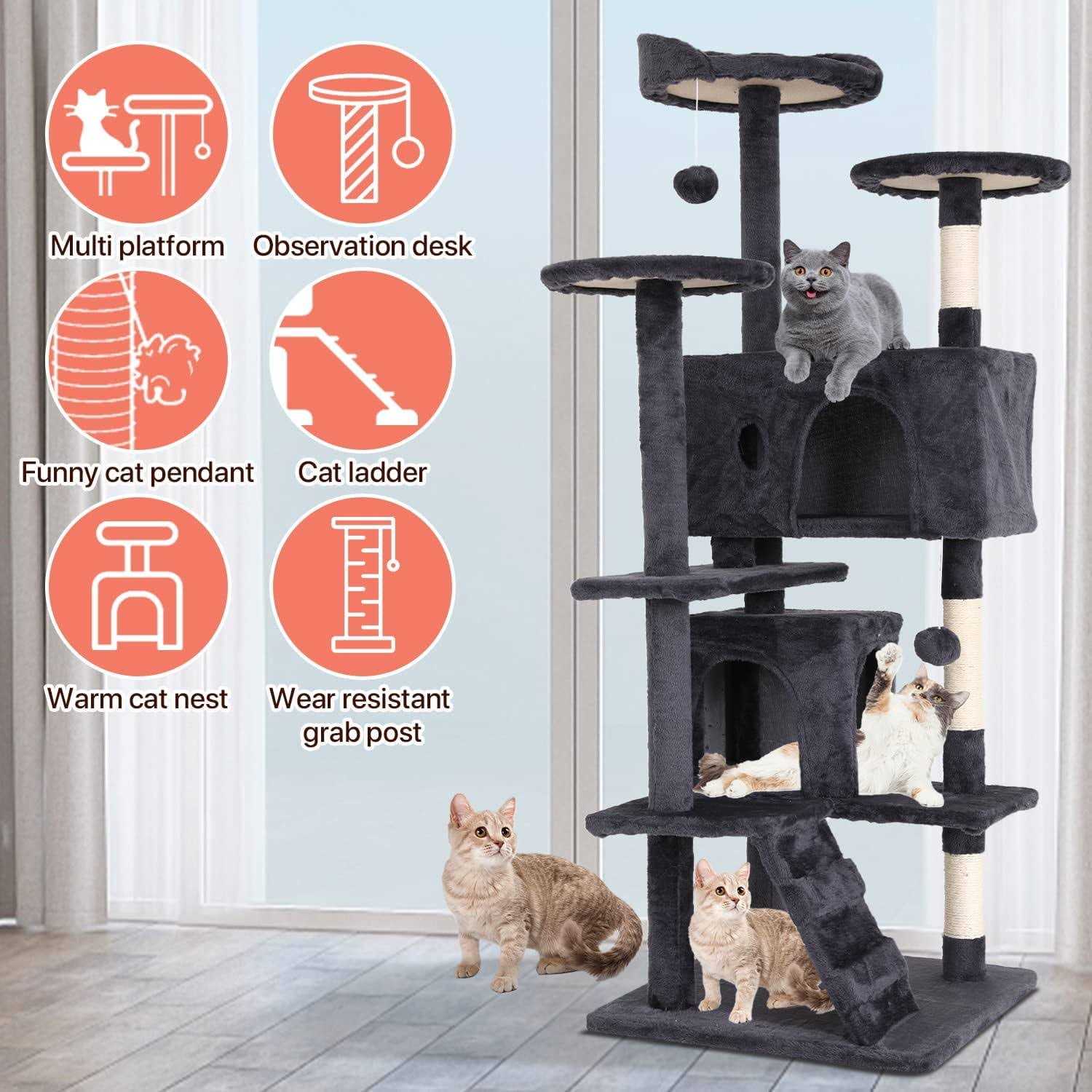 Niamvelo 54-in Double Condo Cat Tree Tower Playhouse with Scratching Post & Perch for Indoor - Healthber