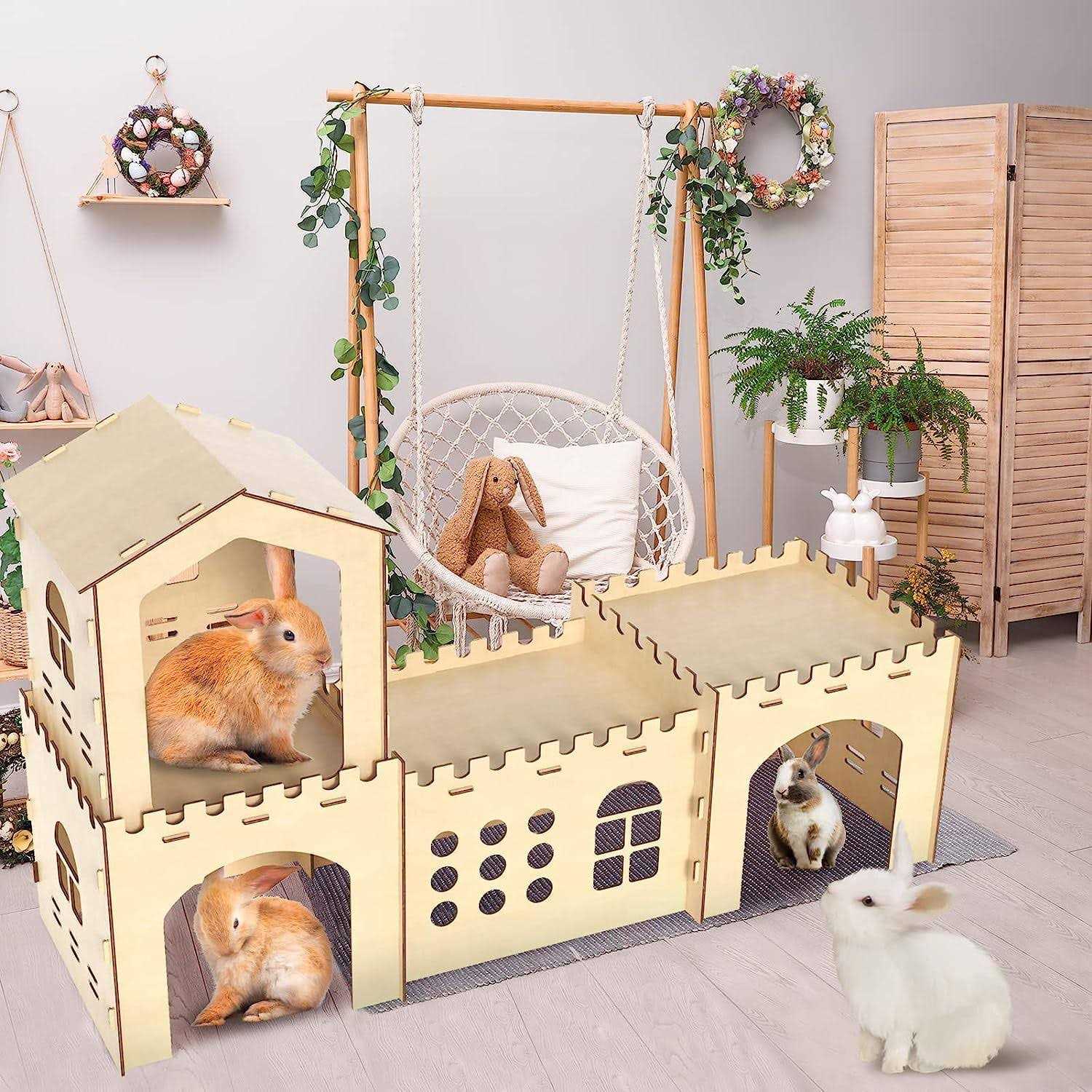 Extra Large Rabbit Hutch, Wooden Rabbit Houses and Hideouts Large Wooden Rabbit Castle Bunny Hideout - Healthber